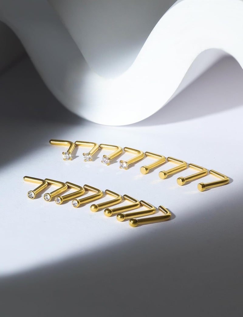 Hoeudjo خواتم أنف هويدجو على شكل حرف L، دبابيس أنف من الفولاذ الجراحي 18G 1.5MM، حلقة أنف كريستالية شفافة، مجوهرات ثقب الجسم للنساء والرجال، لون ذهبي، 16 قطعة - Image 5